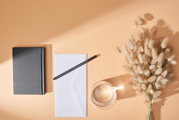 calm minimalist workspace with notebook and pen